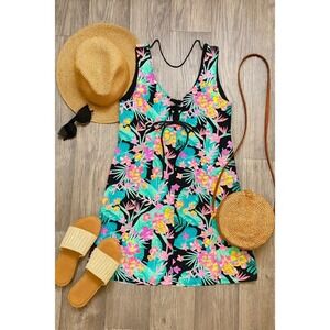 Floral Lace-Up Mini Dress Tropical Print Sleeveless Summer Tank‎ Dress